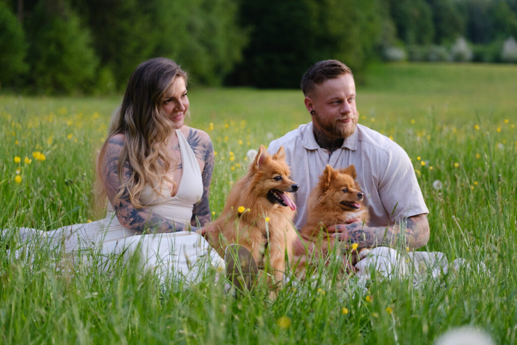 Paar sitzt mit Hunden auf einer Wiese